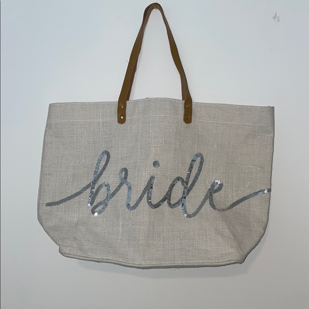 Mud Pie Cream Burlap with Silver Sequins Bridal Tote Bag